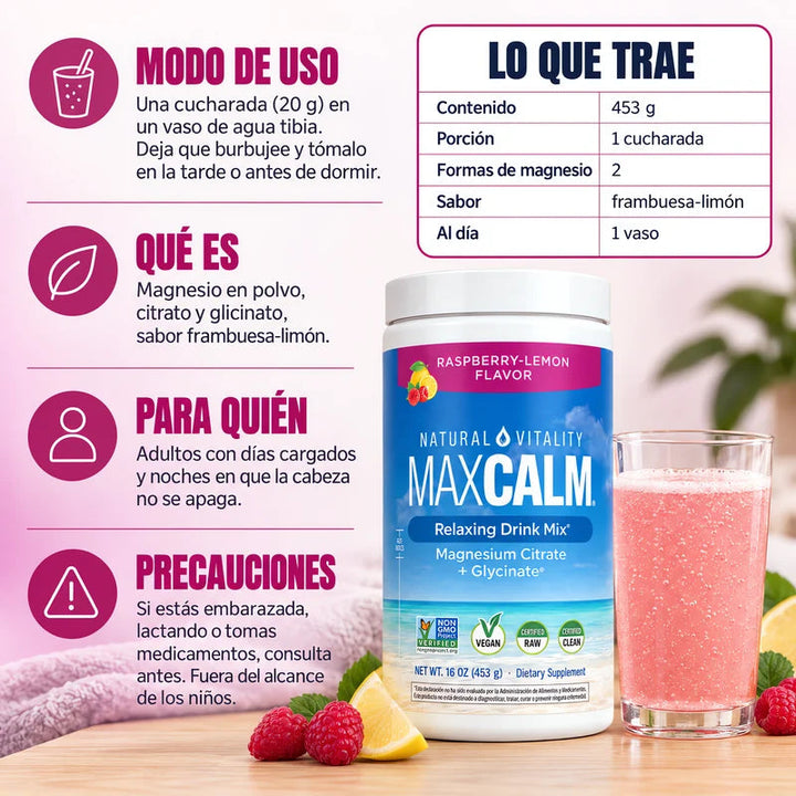 MaxCalm · Magnesio en polvo sabor frambuesa-limón 453 g
